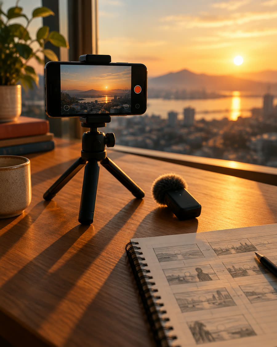 Smartphone auf Stativ mit Mikrofon und Storyboard bei Sonnenaufgang