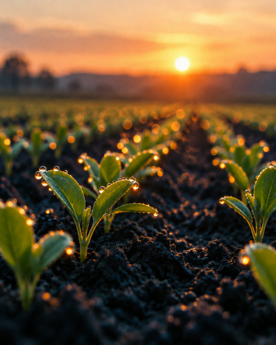 Junge Keimlinge im Morgentau vor aufgehender Sonne