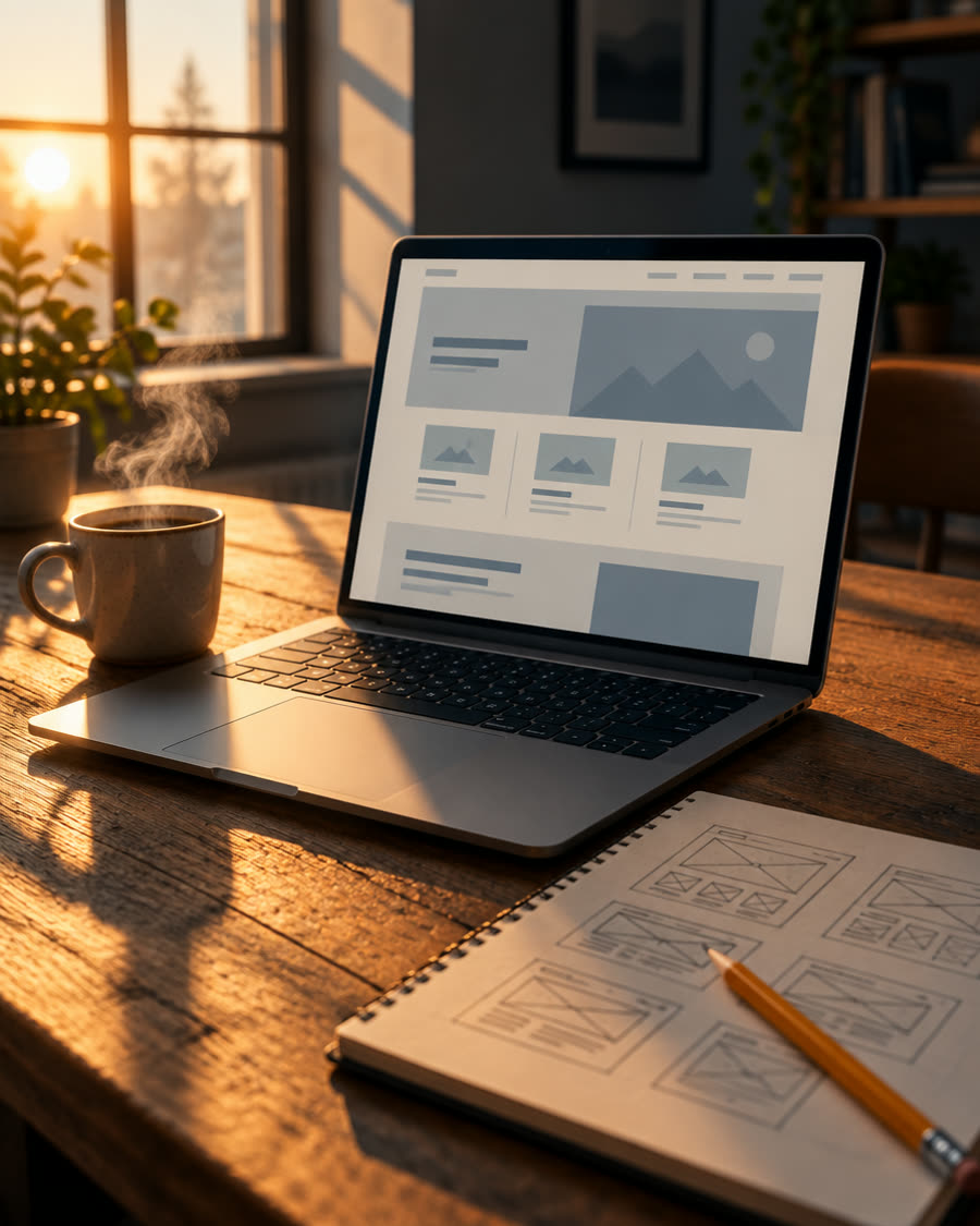 Laptop mit Website-Entwurf und Skizzenbuch im Morgenlicht