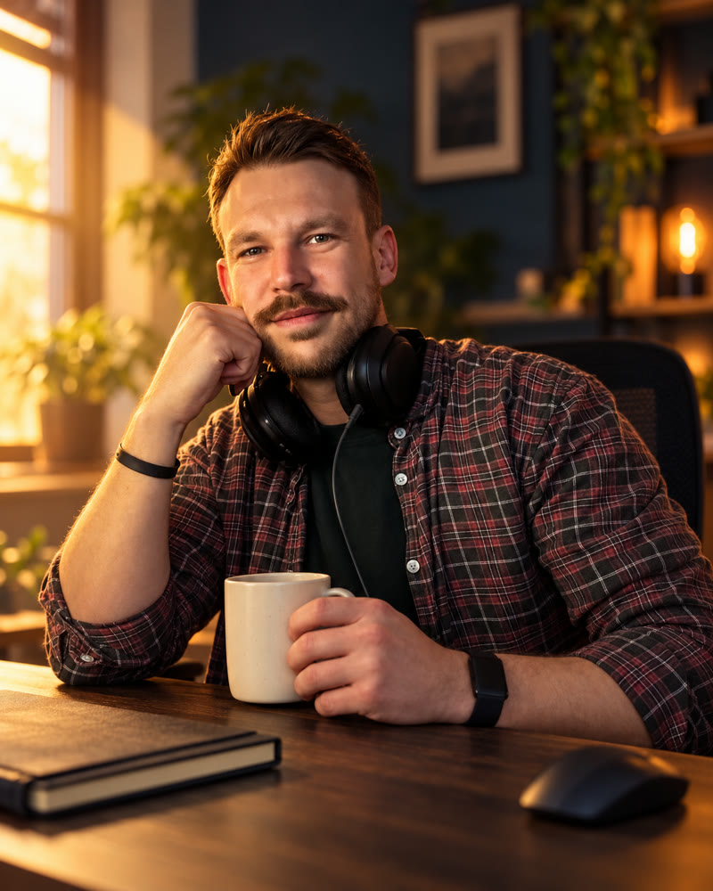 Kevin Siebenmorgen am Schreibtisch mit Kopfhörern und Kaffeetasse im Morgenlicht